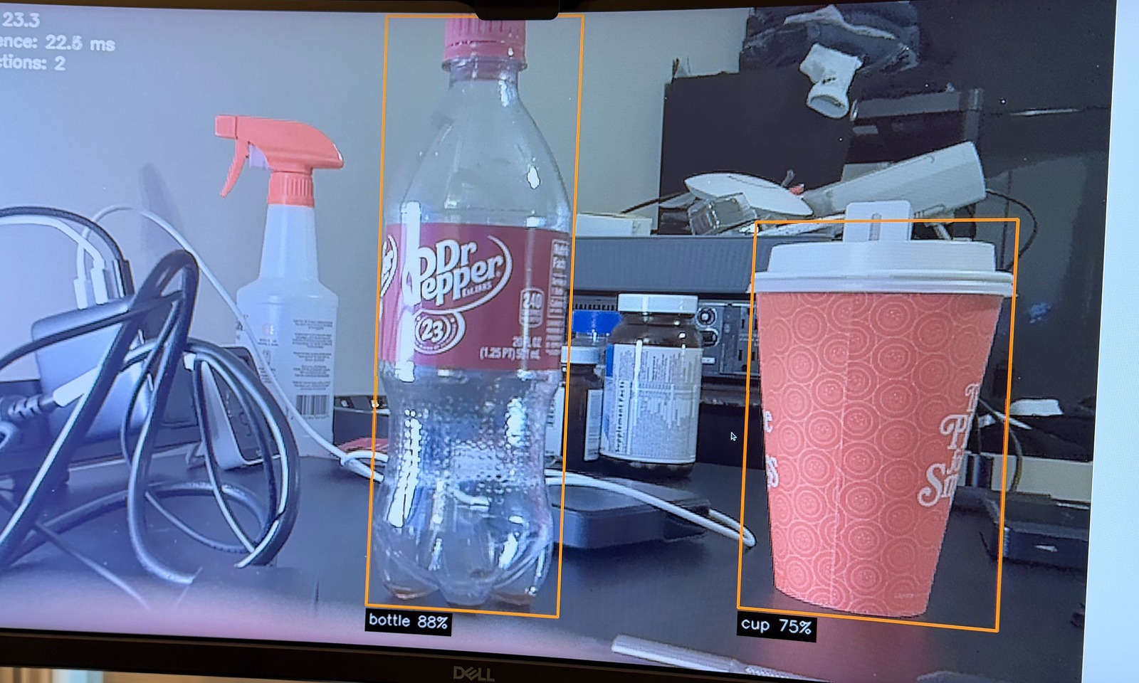 Bench webcam object detect screenshot showing bottle and cup with FPS 23.3 and inference 22.5 ms