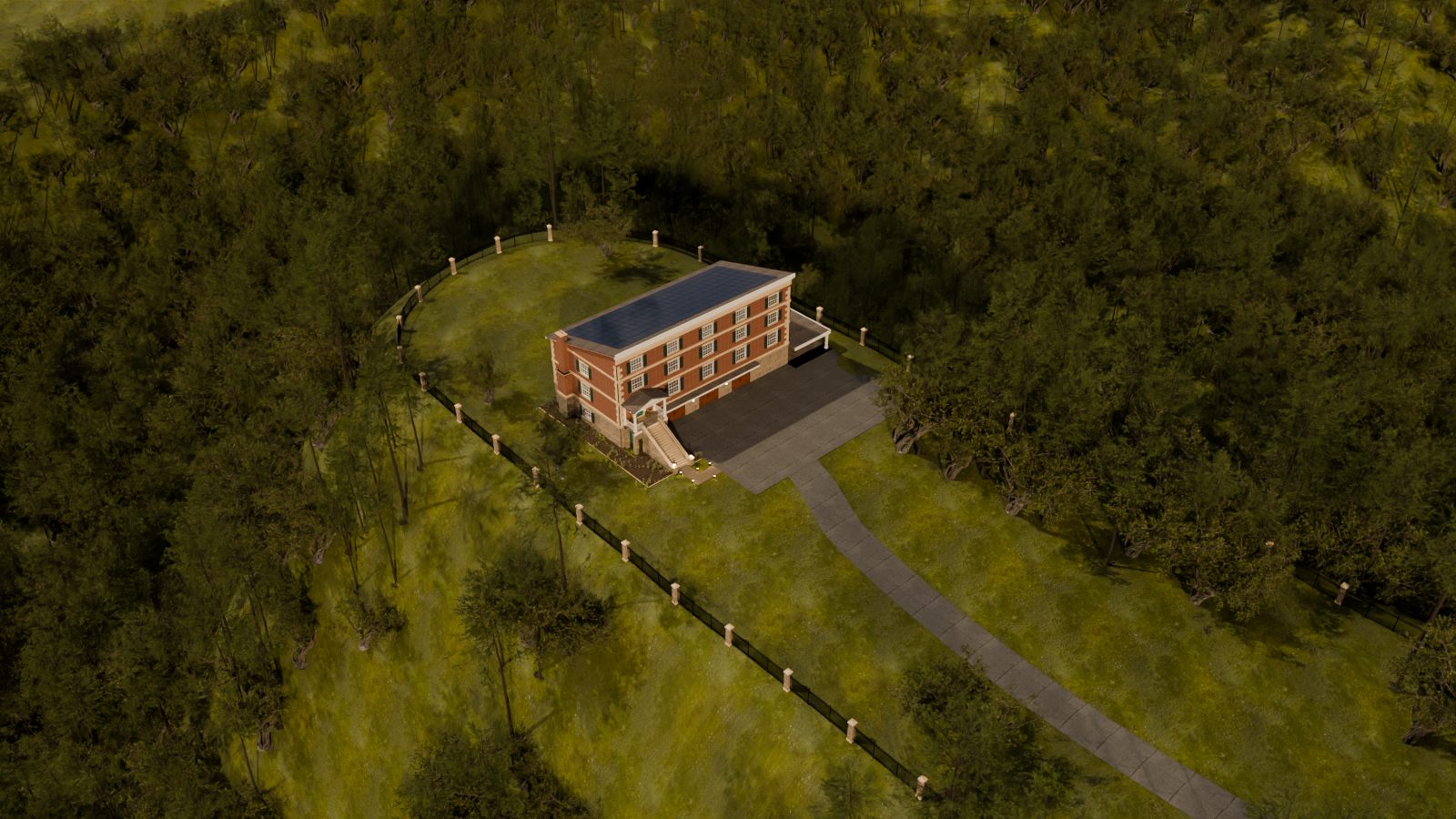 Aerial of the house on a wooded lot, with rooftop solar, an iron fence, and the driveway
