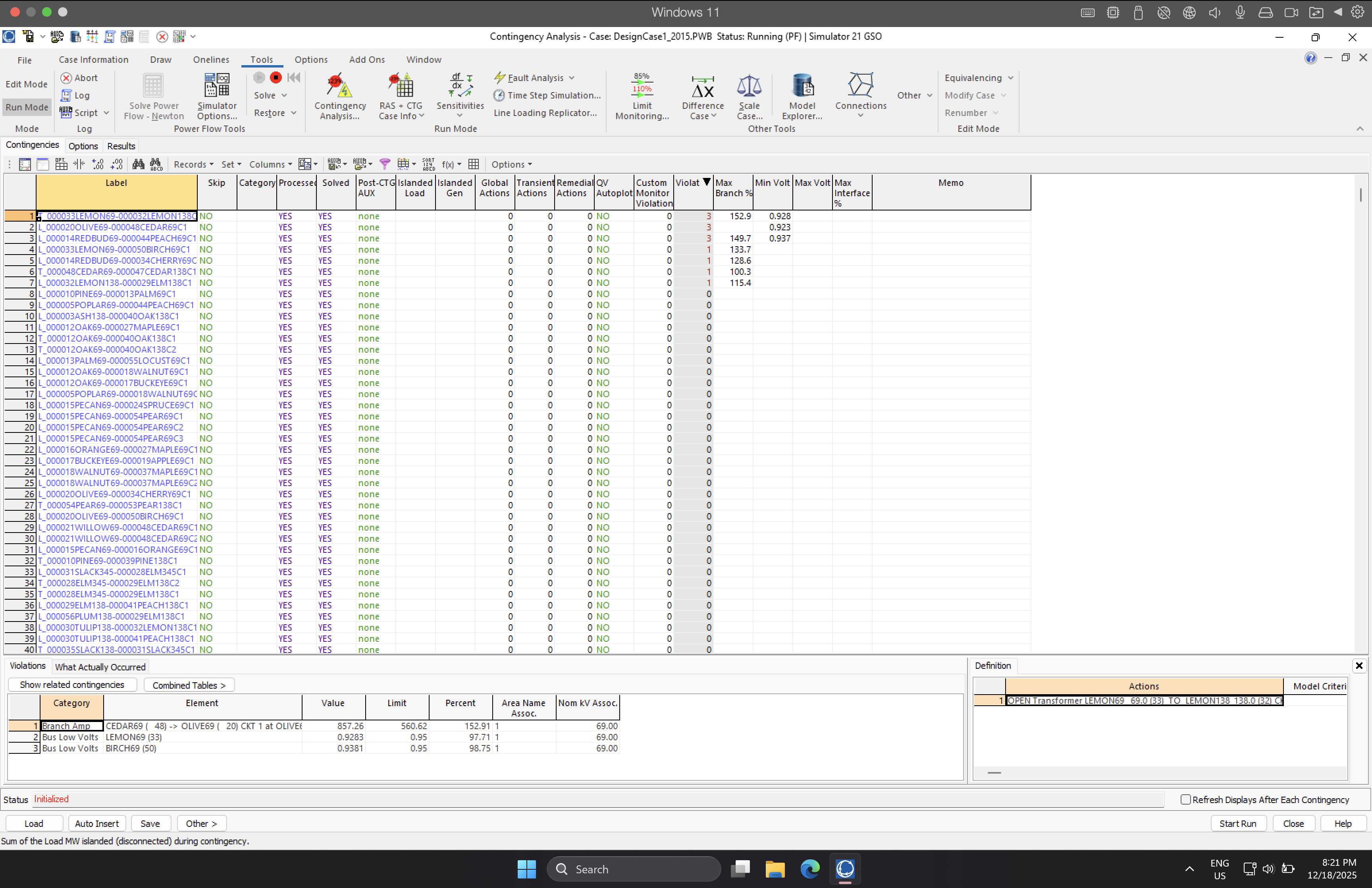 PowerWorld Contingency Analysis window listing a branch overload
