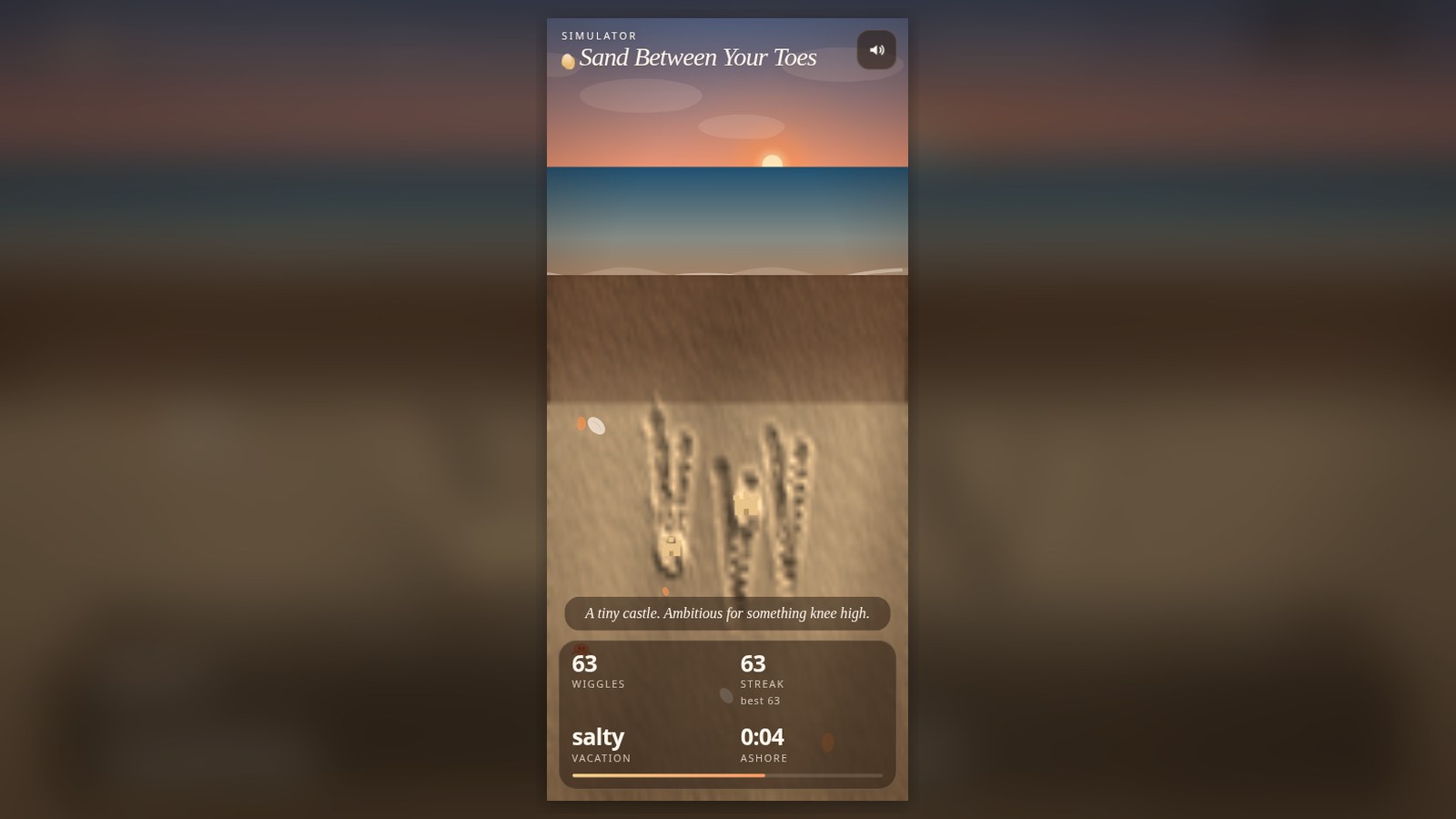 Phone view of Sand Between Your Toes, with the upright beach layout, streak meter, and vacation mood HUD